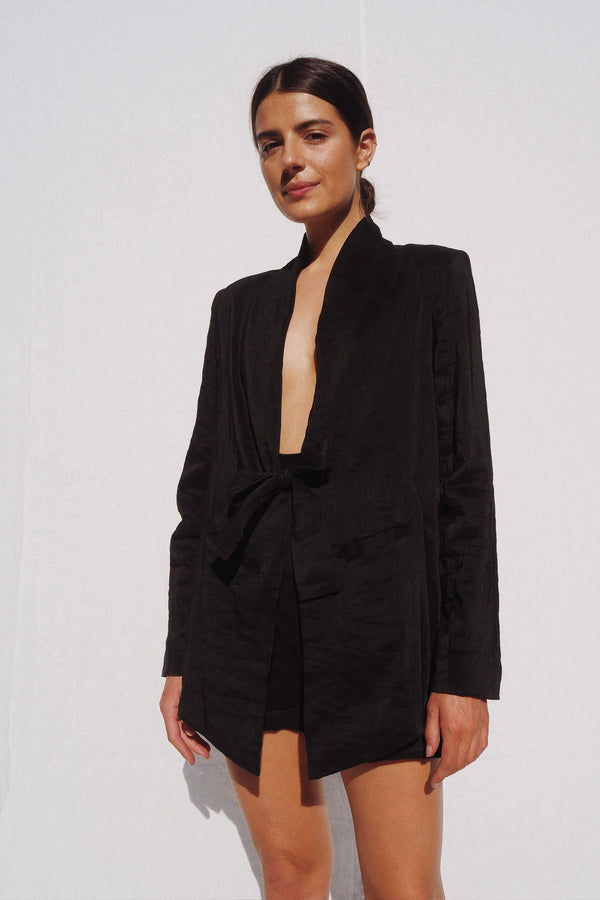 Black Samuel Silk Linen Blazer, Women's Clothing, UNIKSPACE