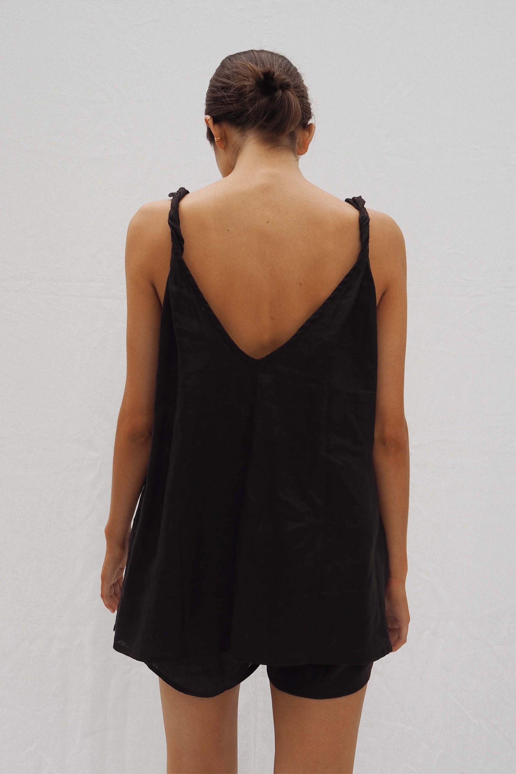 Black Burns Twisted Strap Linen Top, Women's Clothing, UNIKSPACE