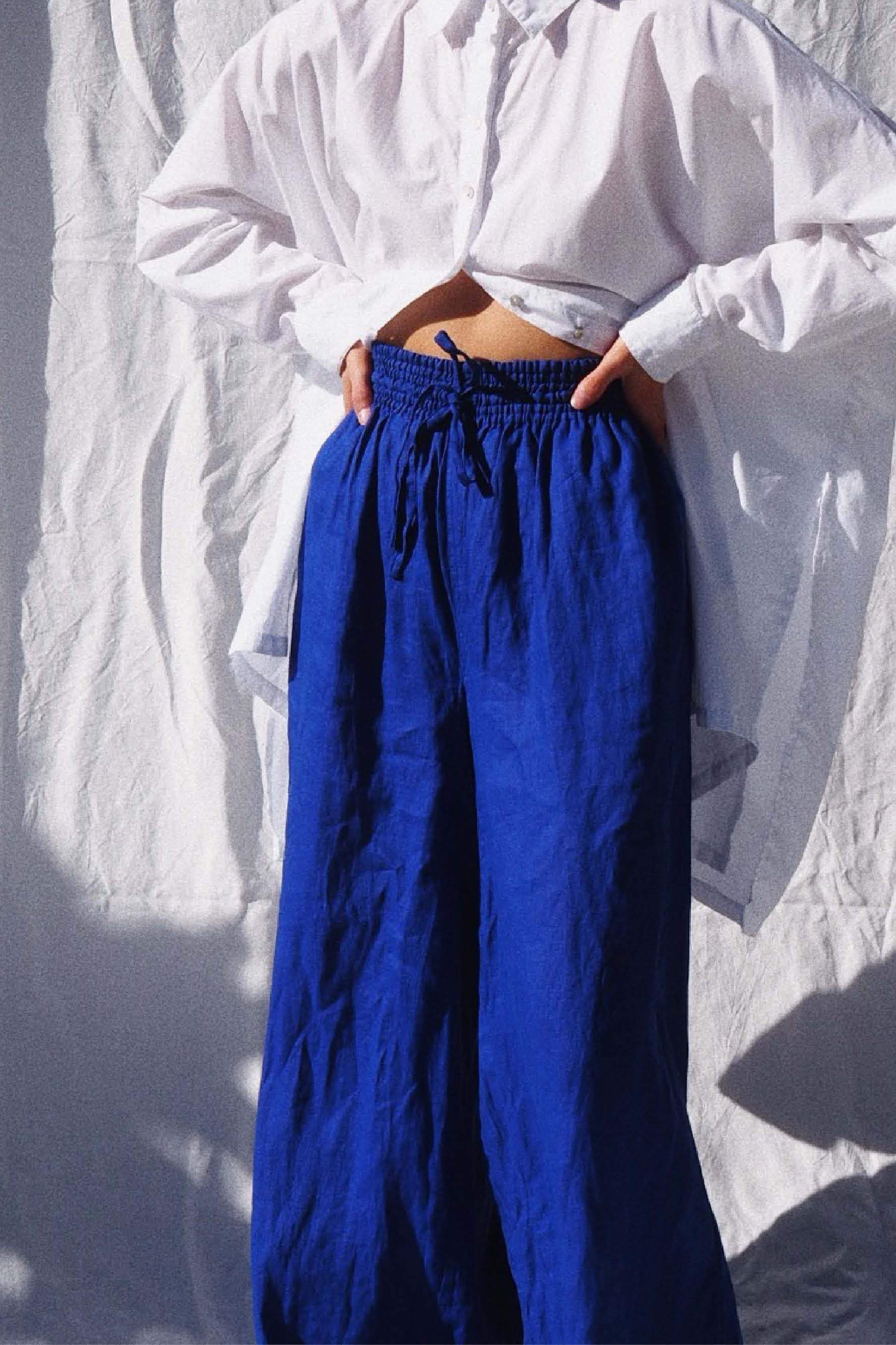 Pop Blue Jonathan Wide Leg Linen Pants, Women's Clothing, UNIKSPACE