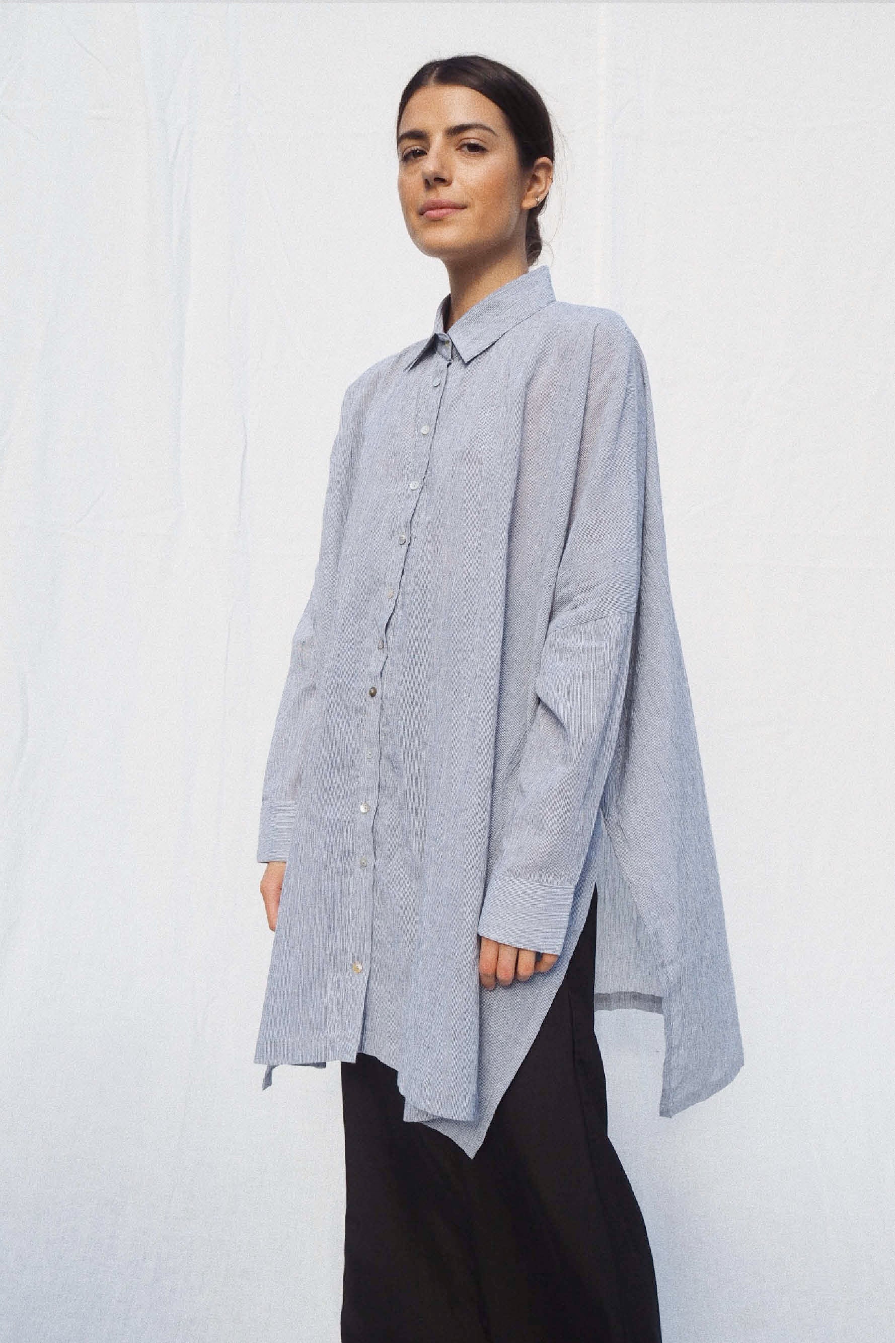 Black Pinstripe Oscar Oversized Shirt, Women's Clothing, UNIKSPACE